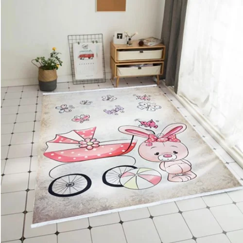 فرش ماشینی کودک طرح خرگوش صورتی کد 100272 تمام رنگ