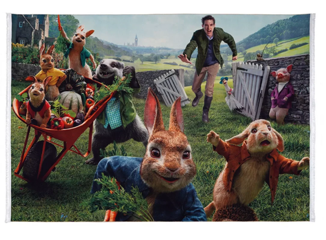 فرش ماشینی محتشم طرح کودک مدل نبرد خرگوشها زمینه سبز کد100220
